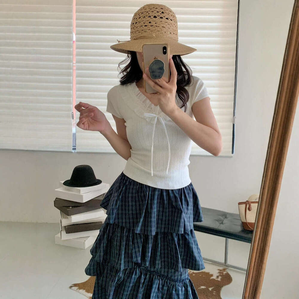 2026 Spring New White Patched Lace Collar Bow Hollow Slim Knitted Women's Short Sleeve Top