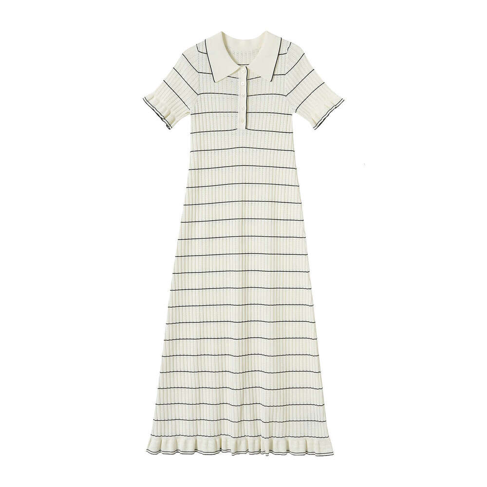 2026 Summer New Style Color Block Black and White Stripe Flip Collar Short Sleeve Medium Long Slim Women's Knitted Dress