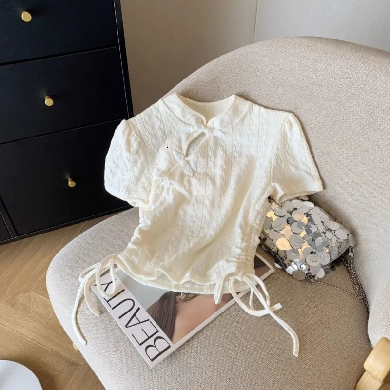 Solid Short Sleeve T-shirts Women Summer Sweet Girls Hollow Out Button Stand Collar Shirring Cropped Slim Trendy Chinese Style 260128 - view 5