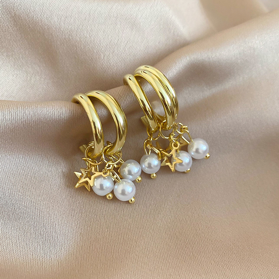 Silver Needle C-shaped Star Pearl French Retro Elegant Niche Temperament Light Luxury High-end Earrings for Women - view 7