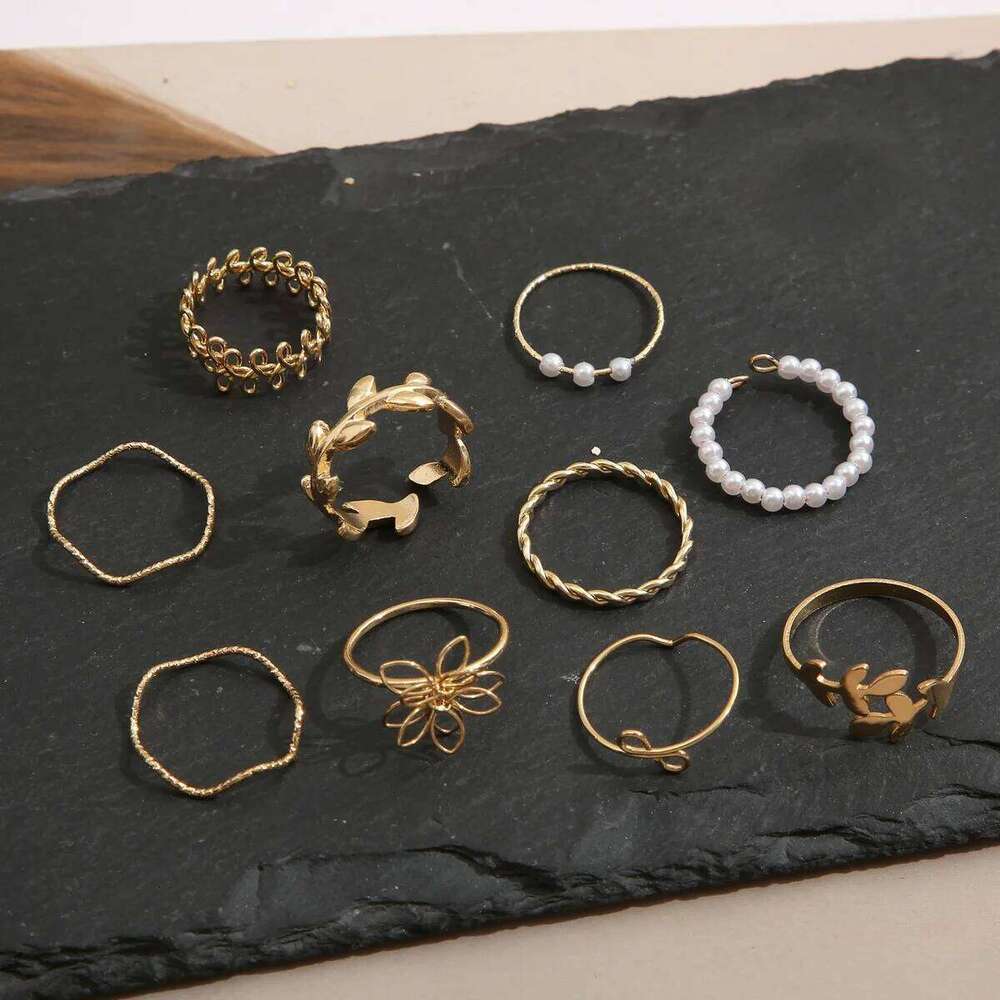 10Pcs Imitation Pearl Leaf Flower Rings Set For Women Rhinestone Butterfly Metal Knuckle Finger Ring Jewelry XJ260127