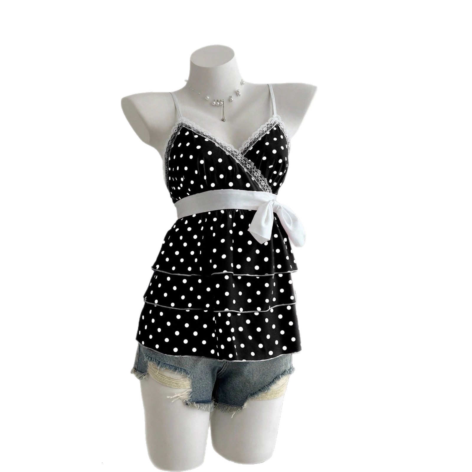 Sweet Girl Camis Lace Korea Kawaii Loose Polka Dot Sexy Bow Harajuku Women Clothing Aesthetic Tank Top Femme Grunge Y2k Crop Top 250411