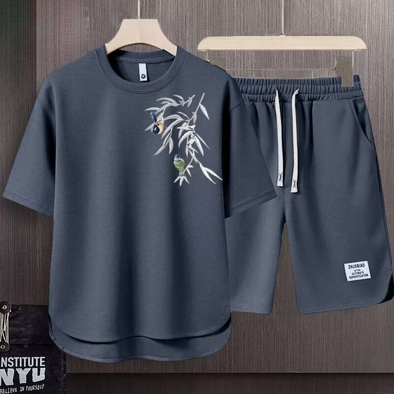 New Arrivals Trend Waffle For Men Summer New Chinese Style Green Bamboo Print Split Shorts Ins Half Sleeve T-Shirt Full Set Luanyun