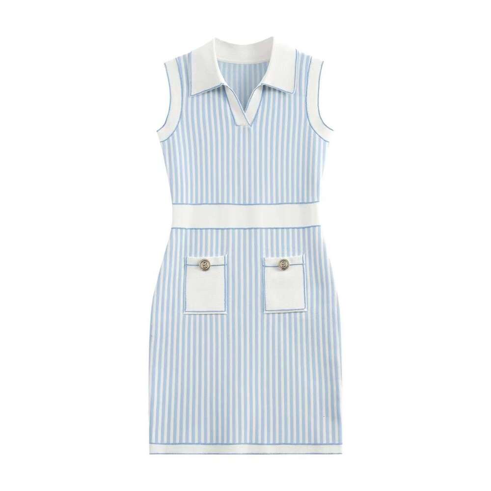 2026 Designer New College Soft Blue and White Stripe Style Collar Sleeveless Tank Top Dress