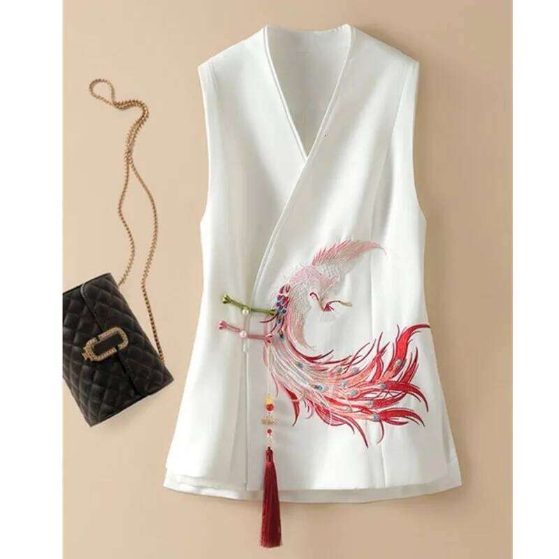 Temperament National Wind Spring White Vest Heavy Industry Phoenix Embroidery Chinese-Style Waistcoat Female