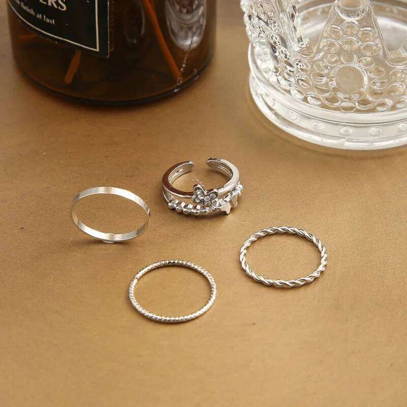 4Pcs Plain Circle Butterfly Set Silver Color Opening Adjustable Fashion Personalized Finger Ring For Women Trendy Jewelry XJ260127