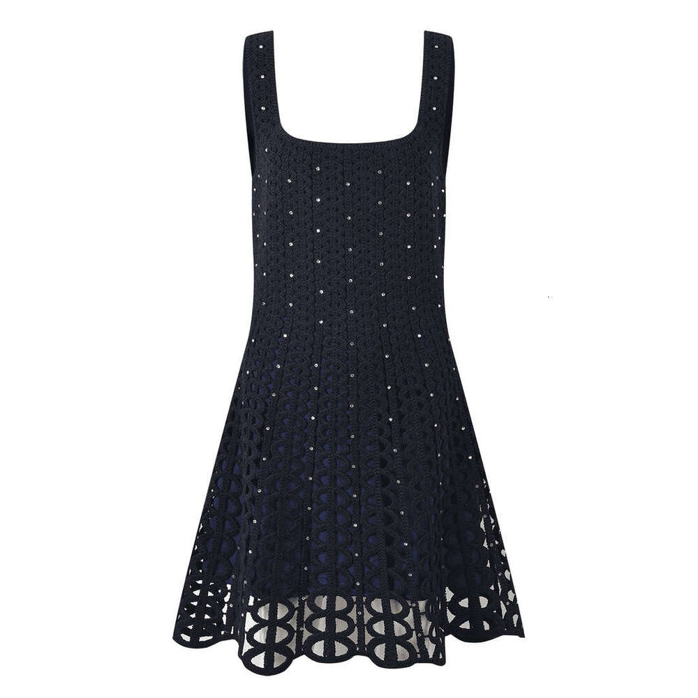 2026 summer new dark blue embellished square neck slim fit hollow suspender dress for women