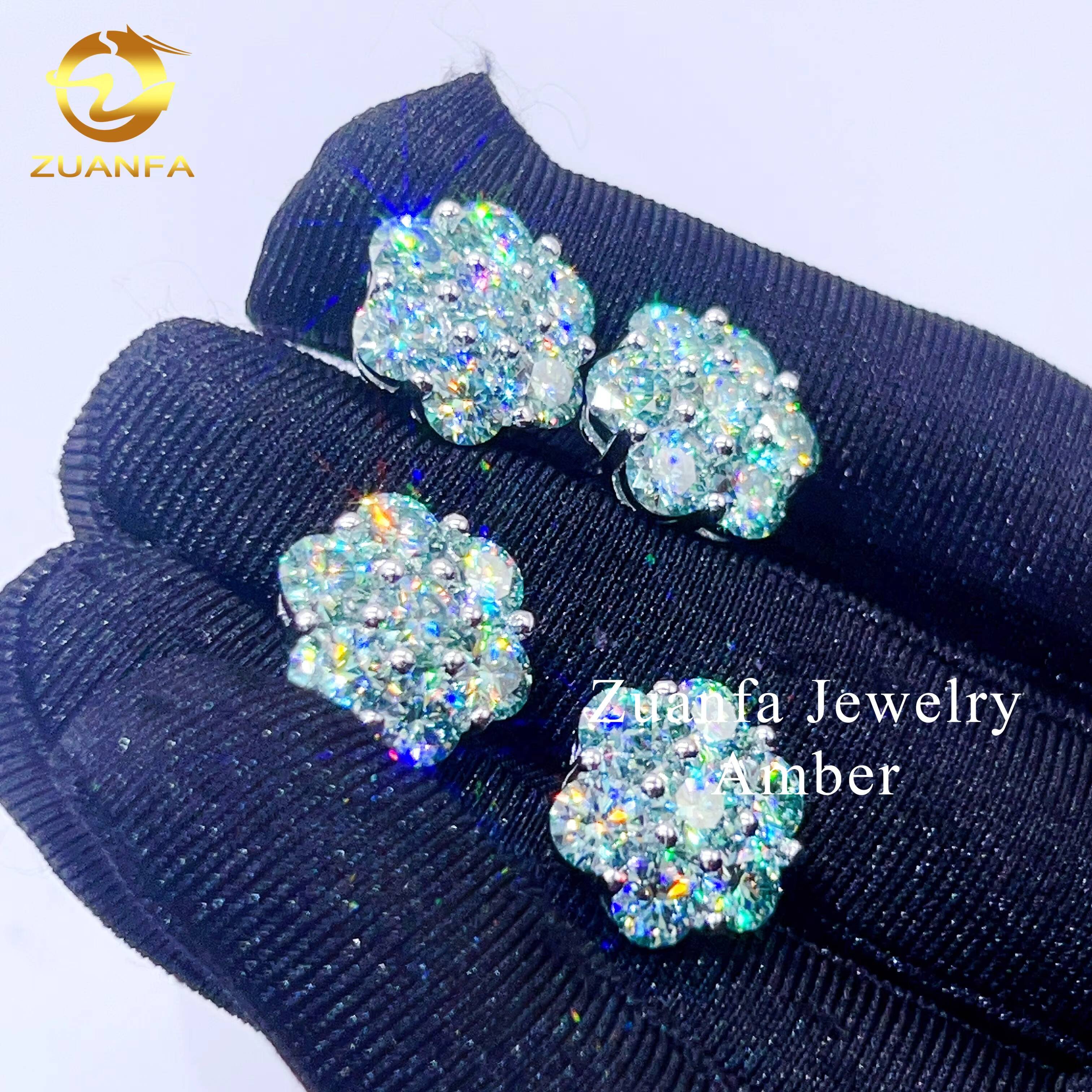 Pass Diamond Tester Gra Certicaite Flower Design Blue Green Lab Diamond Hip Hop Moissanite Stud Earring