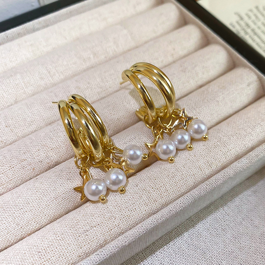 Silver Needle C-shaped Star Pearl French Retro Elegant Niche Temperament Light Luxury High-end Earrings for Women - view 6