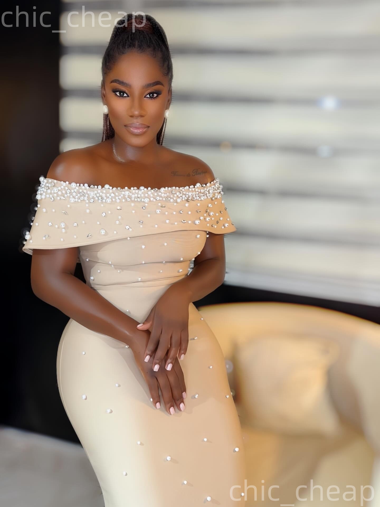 Aso Ebi Champagne Sheath Prom Dresses 2026 Off Shoulder Pearls Satin Evening Formal Party Second Birthday Engagement Gowns Dress For Special Occasions