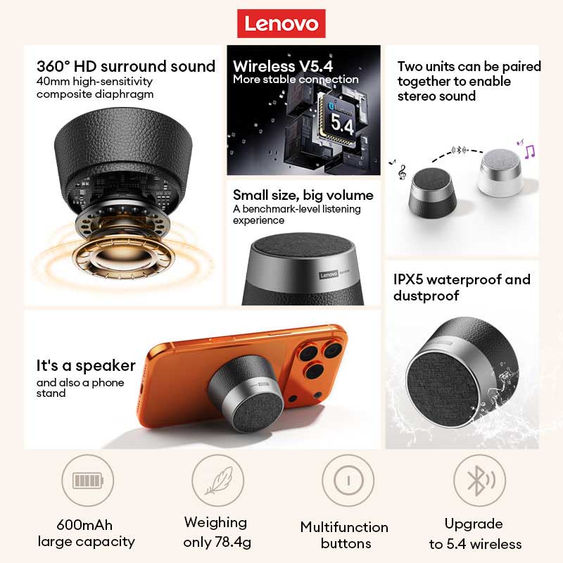 Lenovo HD103Pro Bluetooth 5.4 Speaker Portable TWS Dual Device Connection Laptop Speaker Deep Bass Speaker Long-Lasting Battery Life Outdoor Camping M