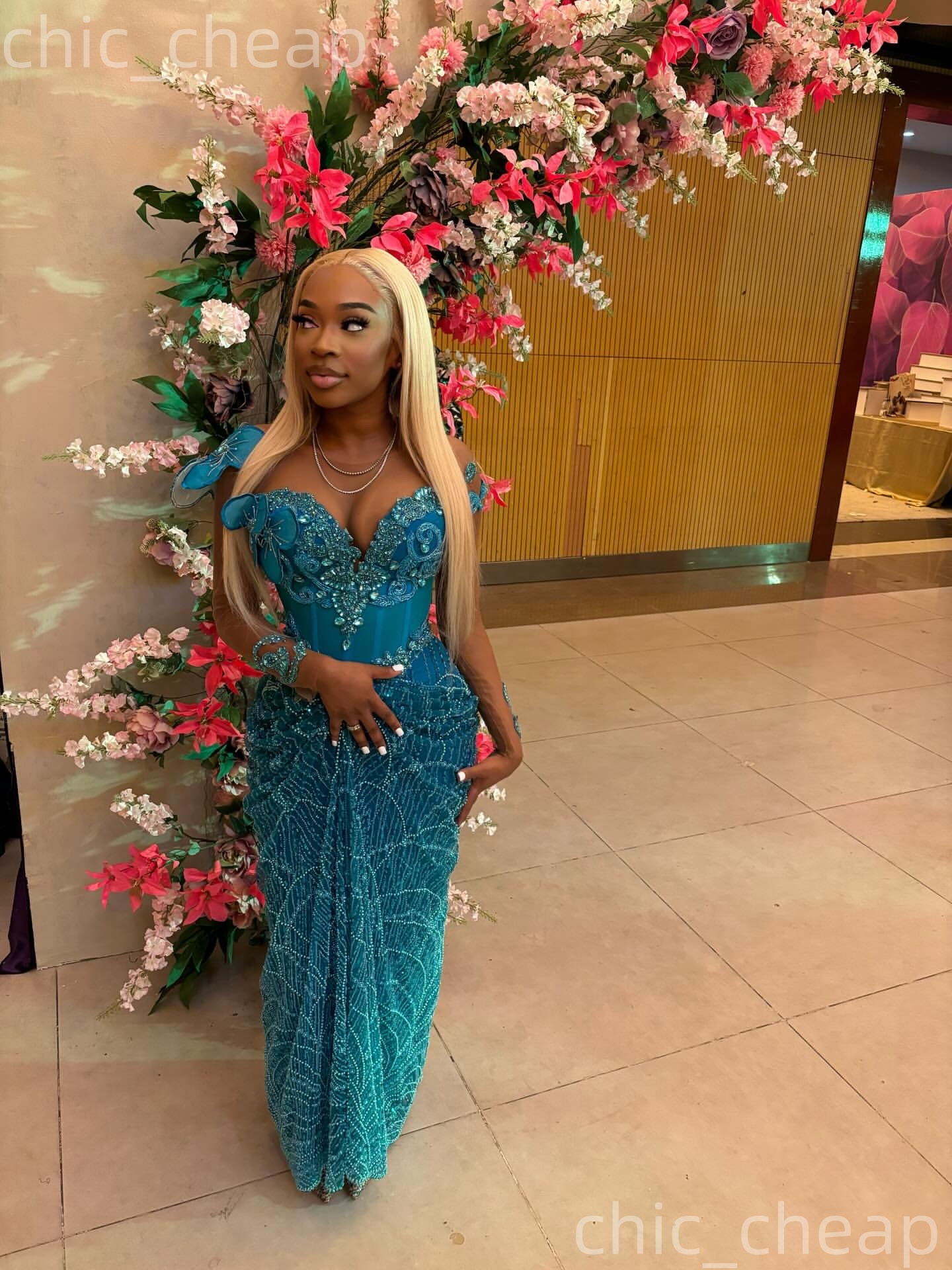 Aso Ebi Blue Sheath Nigerian Prom Dresses 2026 Florals Crystals Beaded Sequined Evening Formal Party Second Birthday Engagement Gowns Dress For Specia