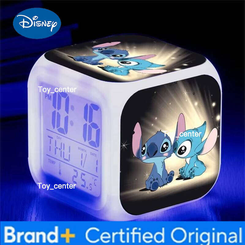 Disney Stitch Alarm Clock Anime Figure Angel Led Nightlight 7 Color Change Student Desk Decoration Toys Accessory Kids Gifts H260128
