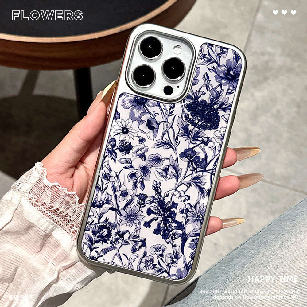 Suitable for Apple 16PM Chinese Style and White Porcelain Blue Flower Phone iPhone 17 Pro Silver Edge Epoxy Protective Case S260128