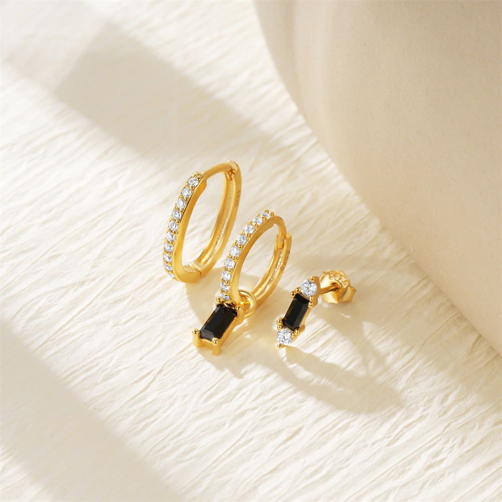 MT 3 pcs/set Earring Set 18K Gold Plated Sterling Silver Drop Earrings with Sparkling 5A Black Zirconia Stud Earrings Set for Men Women High quality W