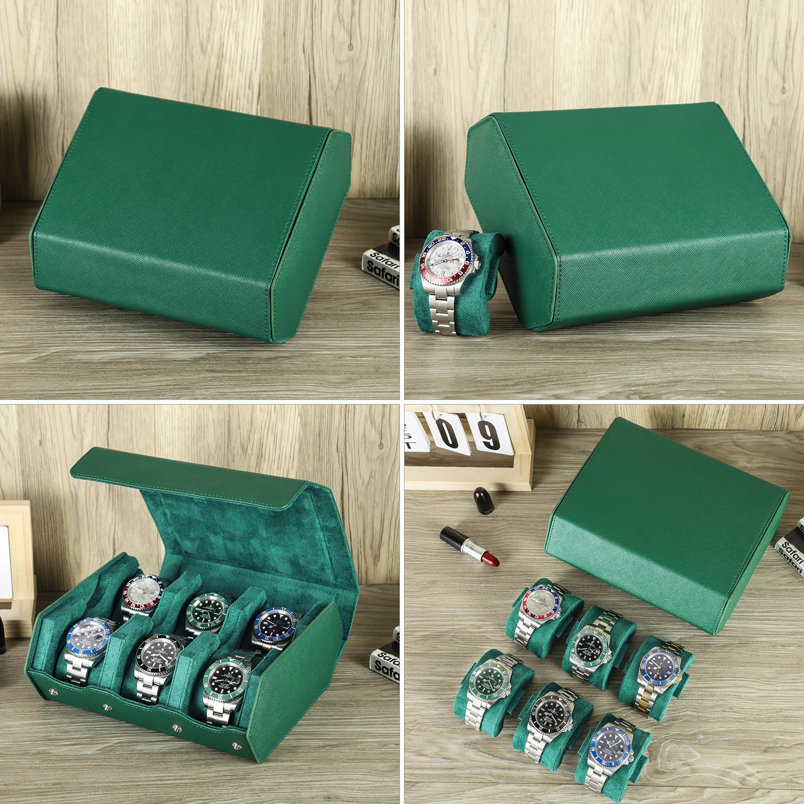 Exquisite Green Genuine Leather Hexagon Watch Display Case 2 3 4 6 8 Slots Watches Roll Box Storage Organizer Holder 260127