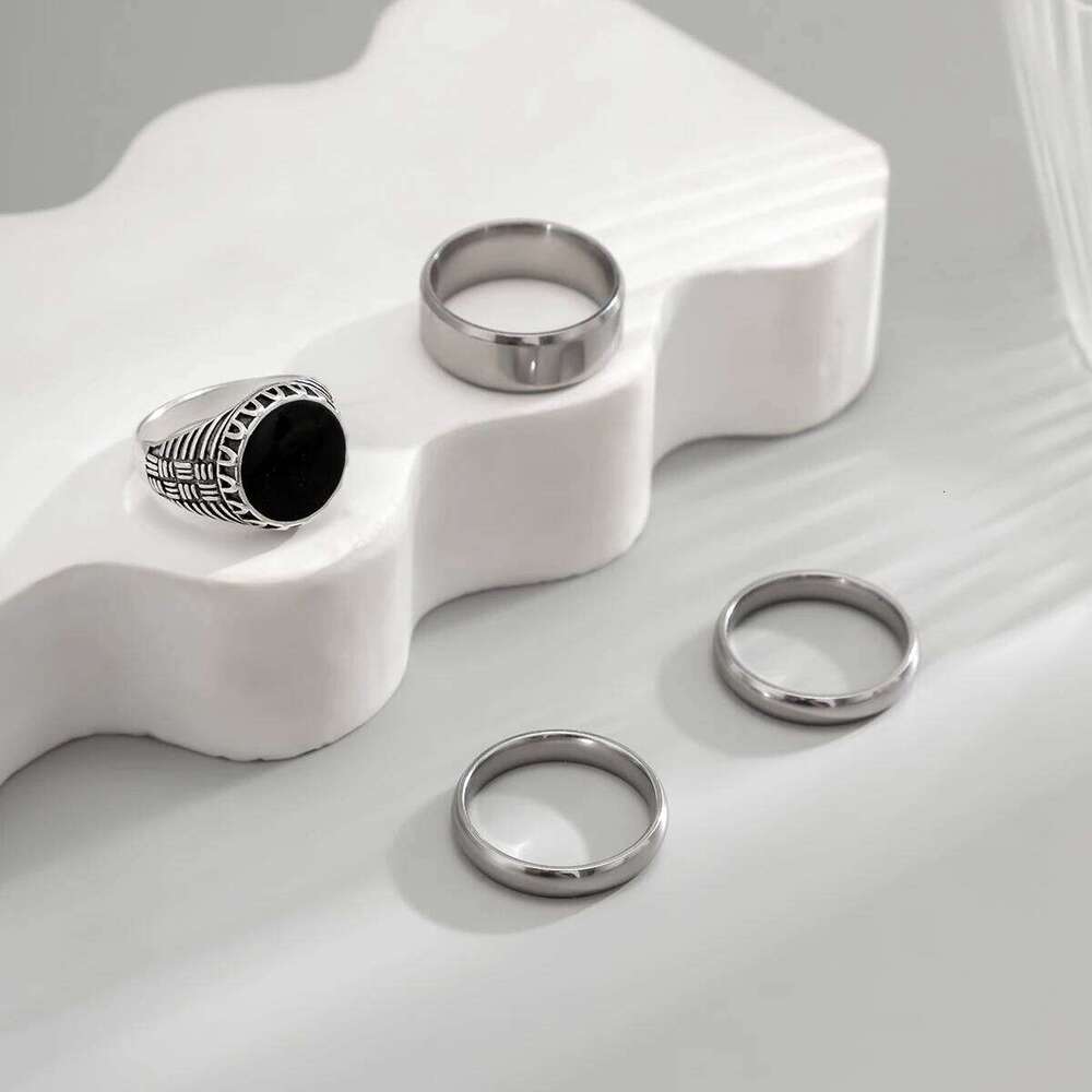 4Pcs Retro Simple Stainless Steel Opening Adjustable Wide Men's Gothic Pattern Metal Ring Casual Jewelry XJ260127