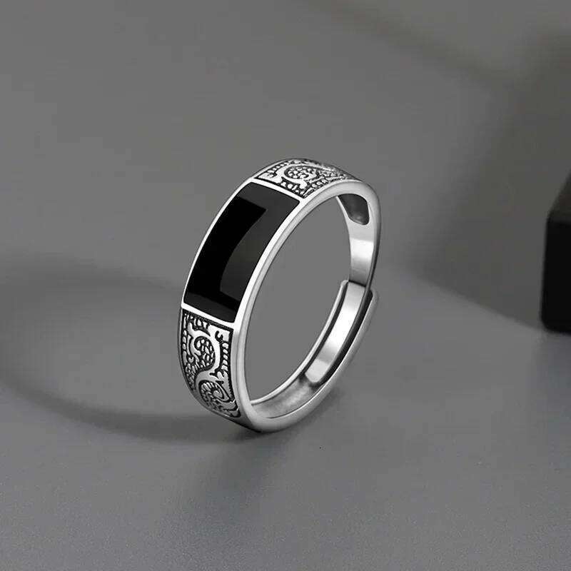 Trendy Vintage Silver for Men Jewelry Black Rectangle Retro Dragon Pattern Ring Male Rings Adjustable XJ260127