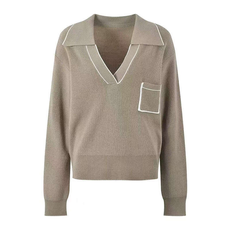 2026 autumn and winter new style white border V-neck color blocked loose casual knitted women's sweater top