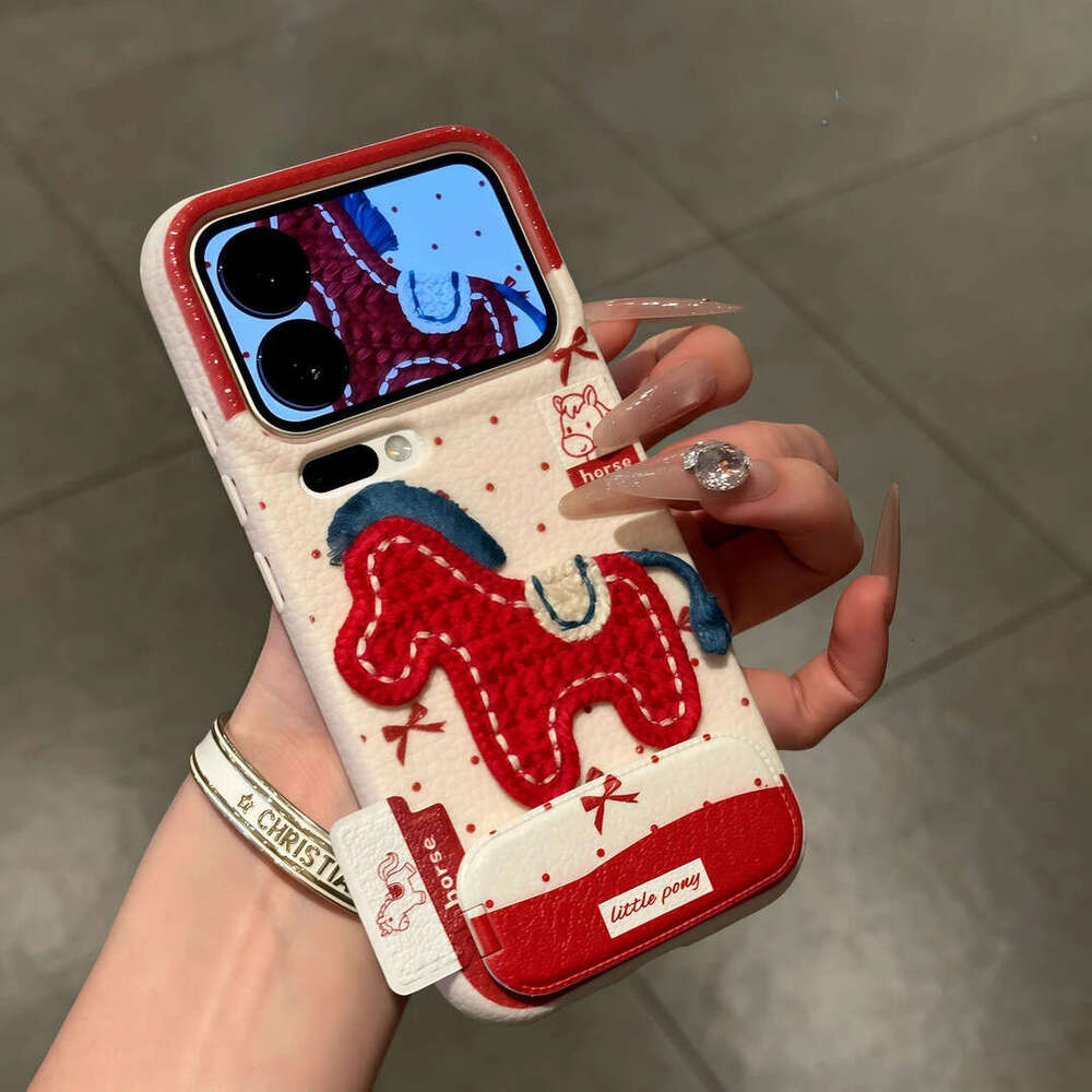 New Year Embroidered Pony Stand Compatible with Apple 17 Pro Max Phone Case IP16 Leather Texture 15 Mirror 14 Personalized 13 S260128