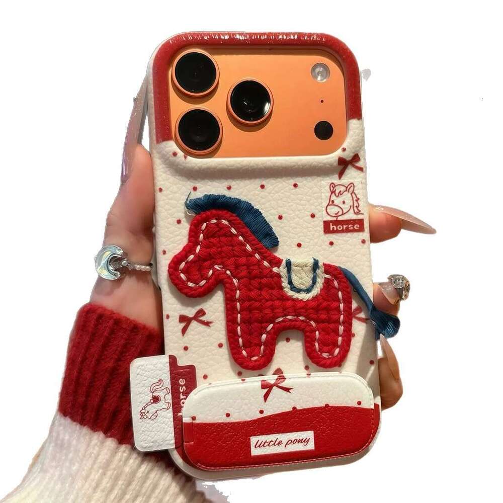 New Year Embroidered Pony Stand Compatible with Apple 17 Pro Max Phone Case IP16 Leather Texture 15 Mirror 14 Personalized 13 S260128