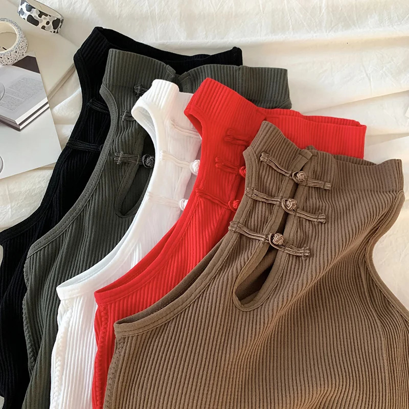 ITOOLIN Elegant Women Chinese Button Tank Tops With Bra Pad O-Neck Sleeveless Tank Tops For Women Sexy Crop Tops All-Match 260128