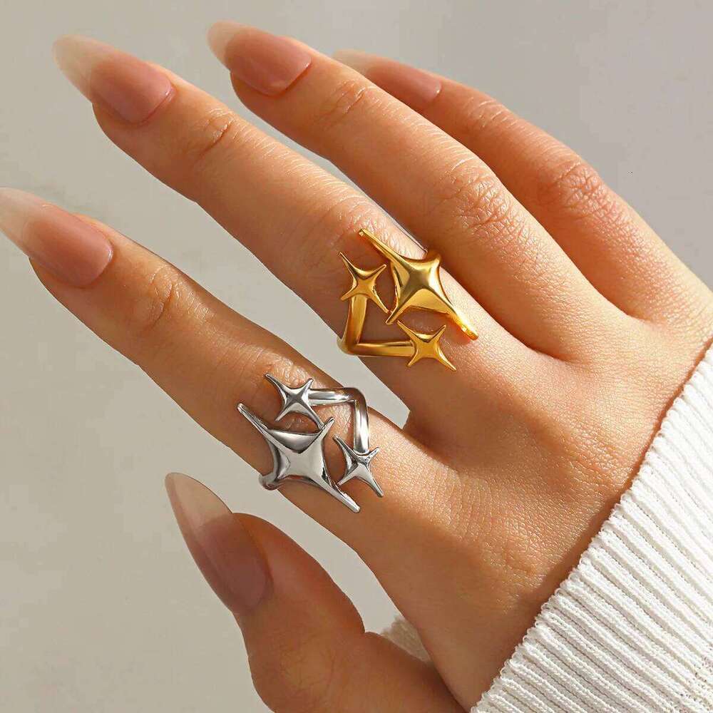 LATS Stainless Steel Y2K Celestial Star Open Rings for Women Men Unique Design Gold Silver Color Adjustable Ring Fashion Jewelry XJ260127