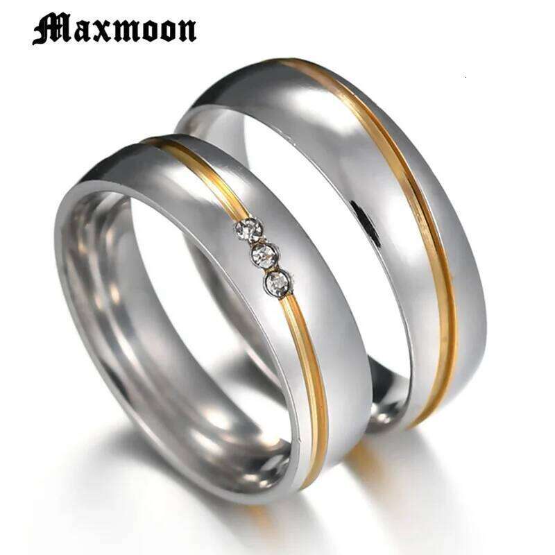 Maxmoon 2019 New Gold color Stainless Steel Wedding Bands Shiny Crystal for Female Male Jewelry 6mm Engagement Ring XJ260127