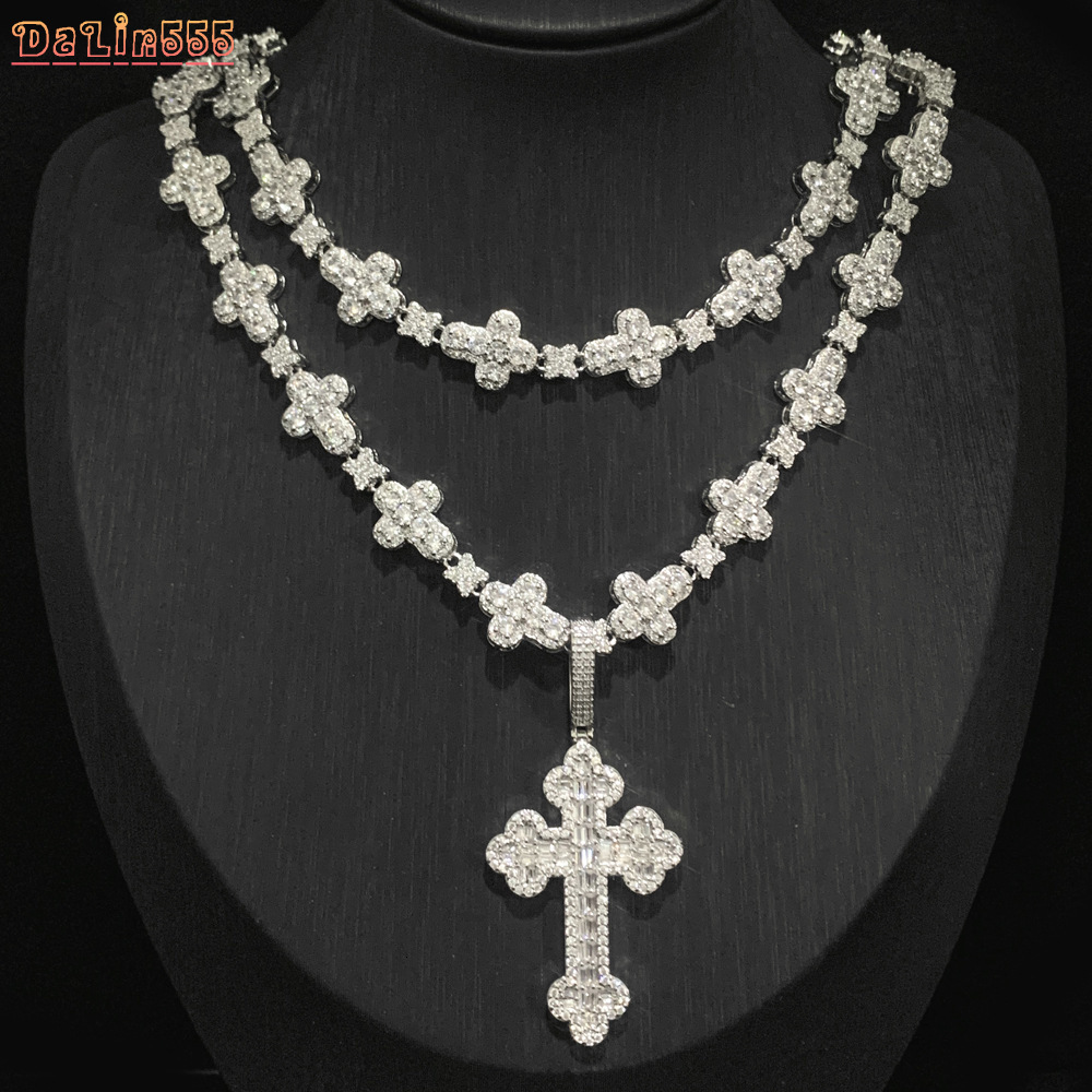 2026 In Stock Mens Fine Jewelry Set Iced Out Bling Rectangle vvs moissaniteia Hip Hop Cross Pendant Necklace Fashionable Cross Chain