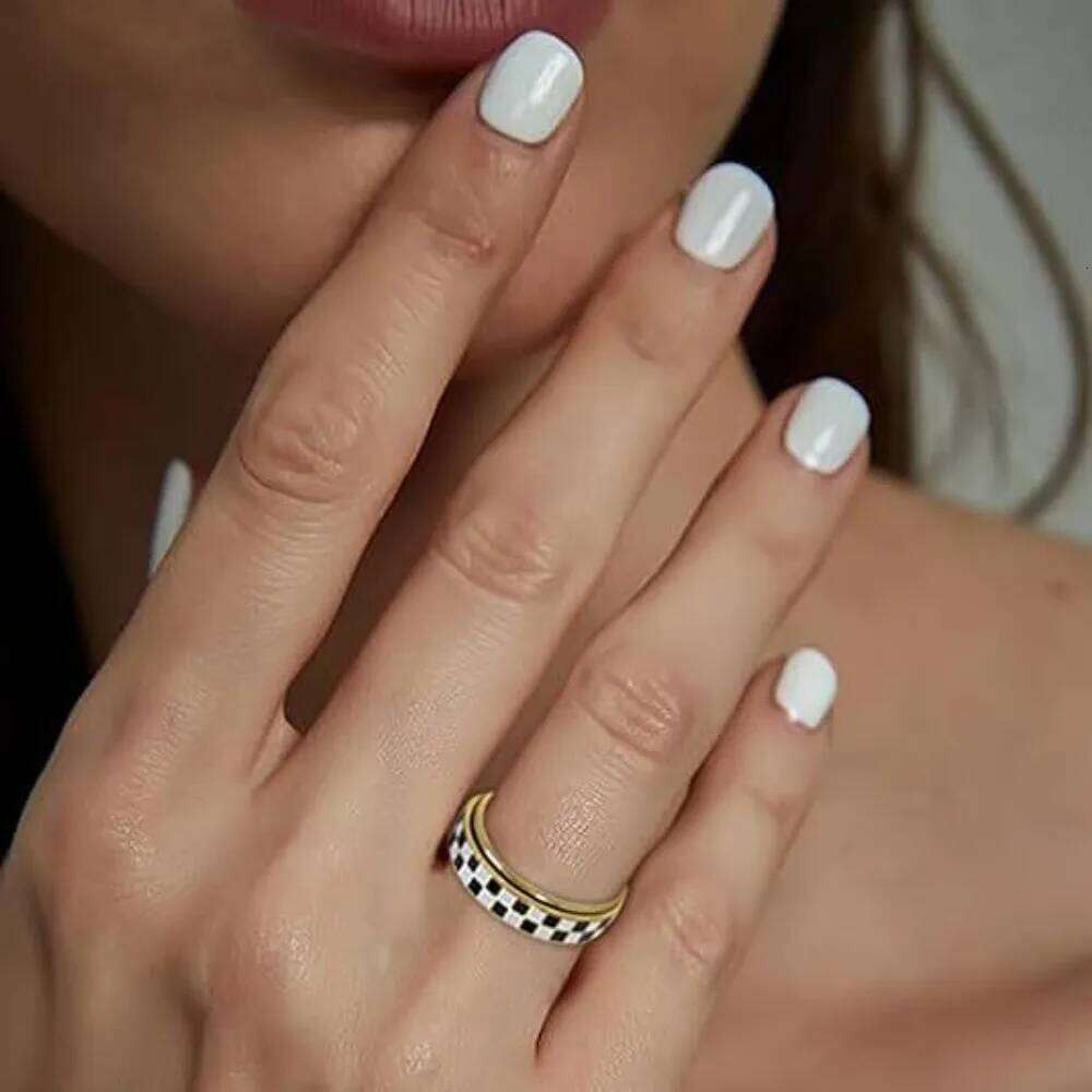 Stainless Steel Checkered Fidget Spinners Rings Black and White Checkerboard Rotate Ring for Stress Relief Spinner Jewelry XJ260127