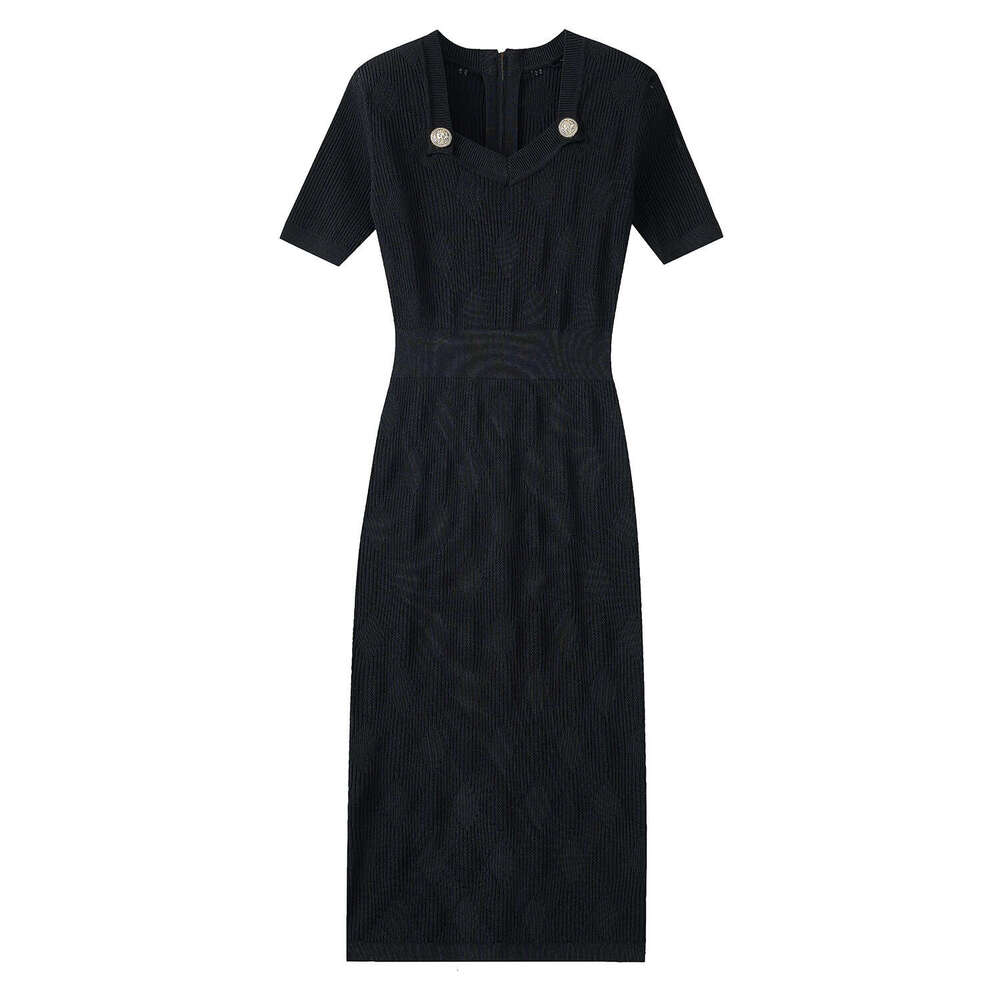 Square neck sexy and elegant women's knitted short sleeved 2026 summer metal buckle tight style dress
