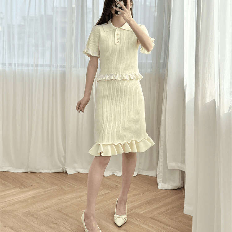 2026 Spring/Summer New Sweet Retro Doll Collar Slim Knitted Short Sleeve Tight Mermaid Two Piece Set