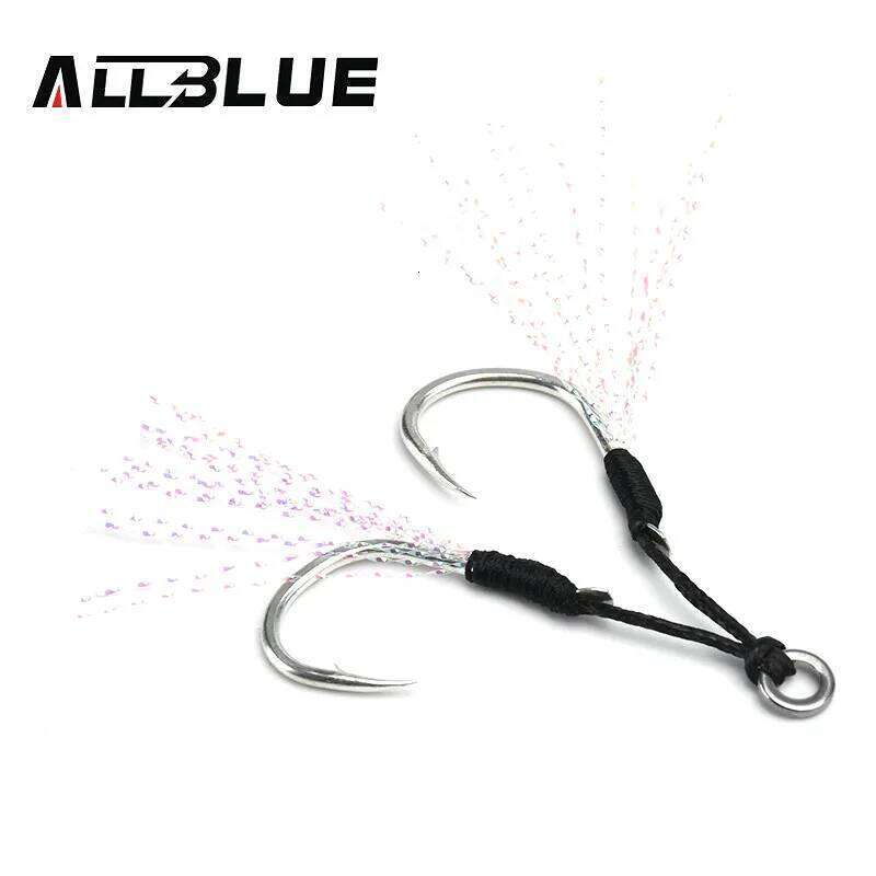 ALLBLUE 4pairs/lot Metal Jig Assist Hook With PE Line Feather Solid Ring Jigging Spoon Saltwater Fishhook for 5-80g Lure Z260128