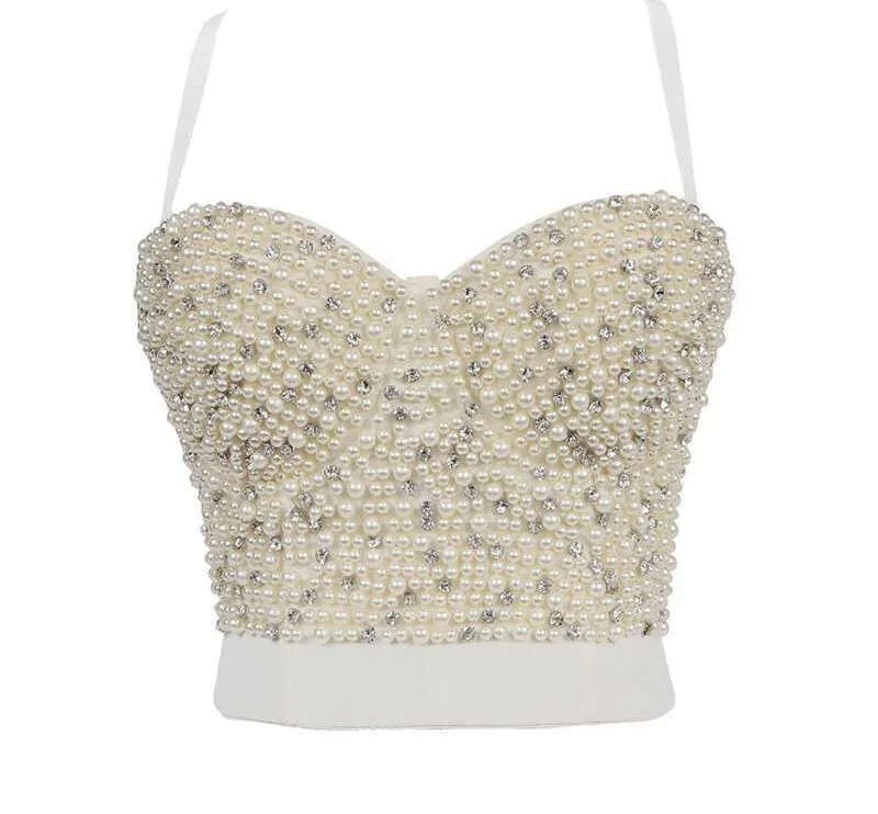 Women's vest, rhinestone tight corset, pearl bust, exposed navel bra, club party, shiny exposed navel top, clothing