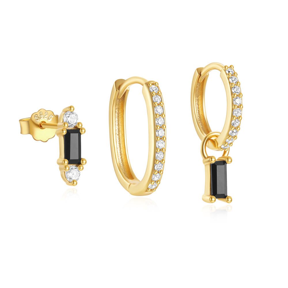 MT 3 pcs/set Earring Set 18K Gold Plated Sterling Silver Drop Earrings with Sparkling 5A Black Zirconia Stud Earrings Set for Men Women High quality W