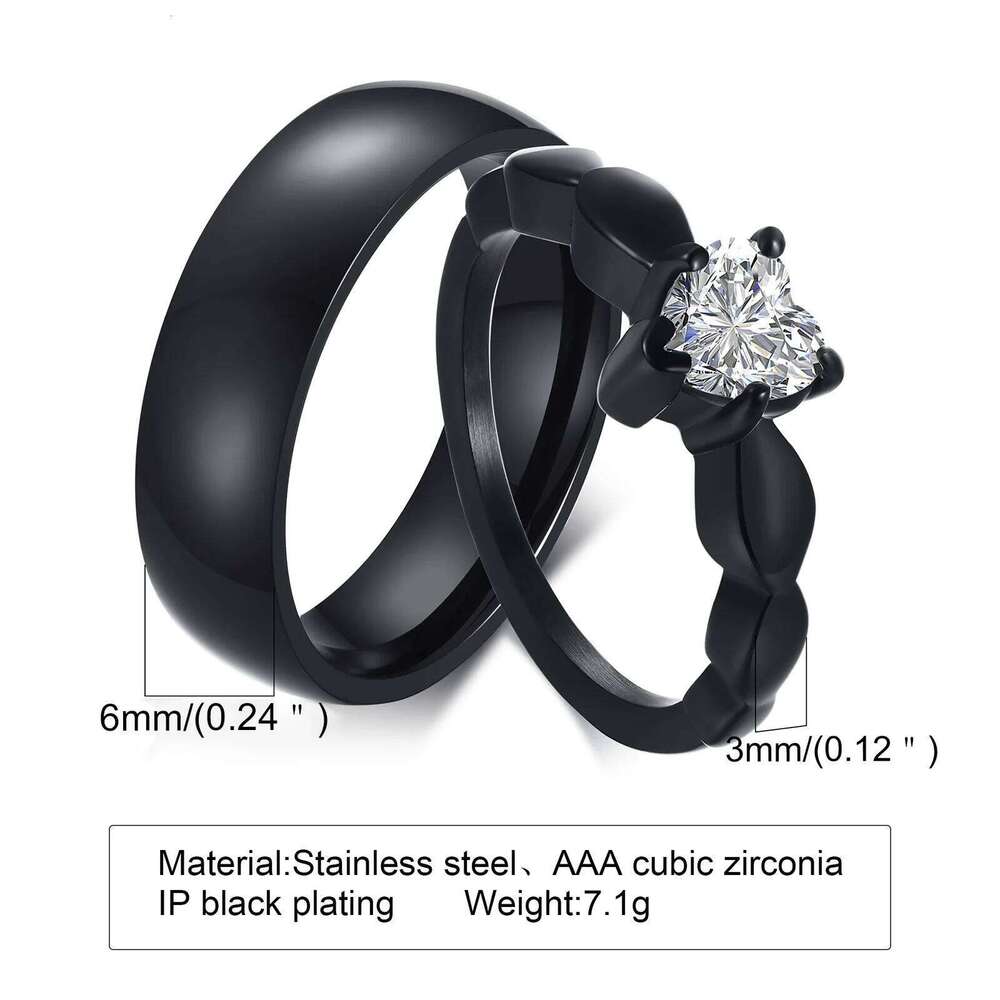 Vnox Romantic Heart CZ Stone Couple Wedding Rings for Women Men, Black Color Stainless Steel Bands Engagement Jewelry, Love Gift XJ260127