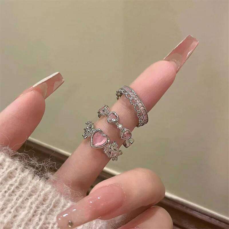 3pcs Fashion Love Heart Zircon Open Set for Women Gothic Sweet Girls Geometric Finger Rings Y2K Party Jewelry Accessories XJ260127