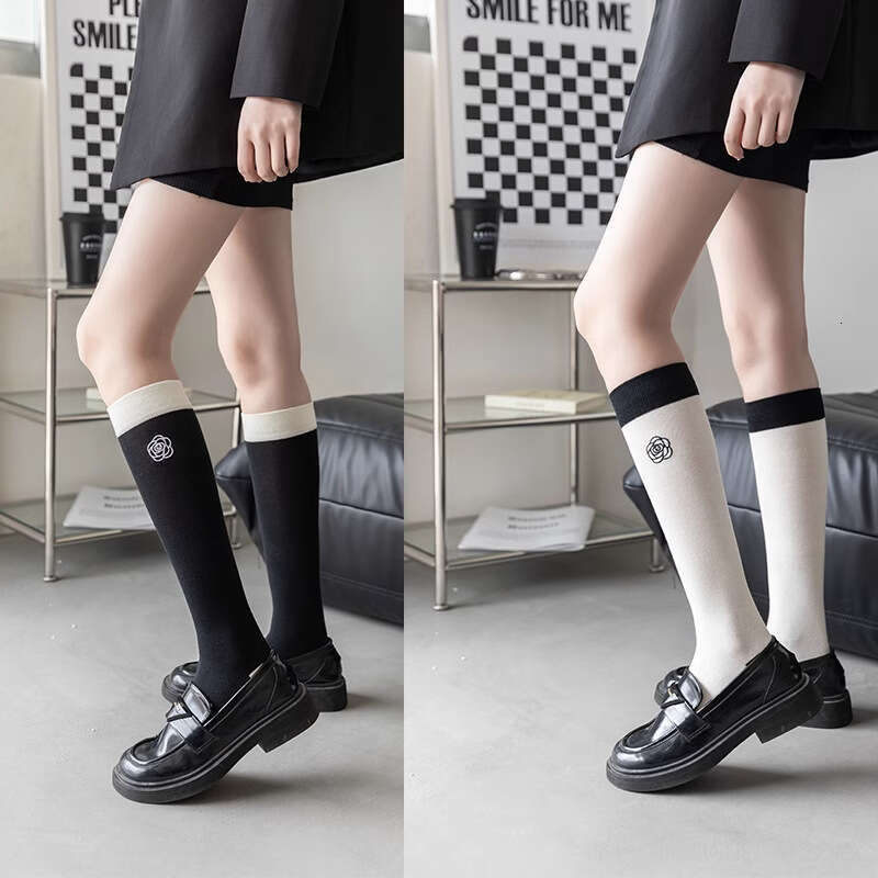 Black and White Color-Block Embroidered Calf Patchwork Leg Ins Trend Japanese College Style JK Long Tube Knee-High Socks