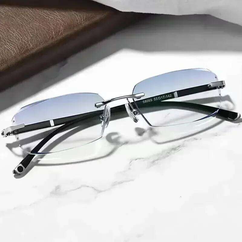 Myopia Frameless Optional Photochromic Blue Men's Anti Fatigue Clear Glasses 26Y0128