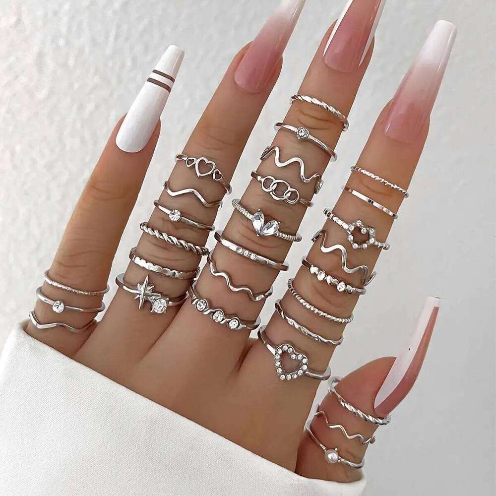 Fashion Simple Wave Joint Rings Set For Women Crystal Heart Shape Gold Silver Color Ring Female Party Jewelry XJ260127
