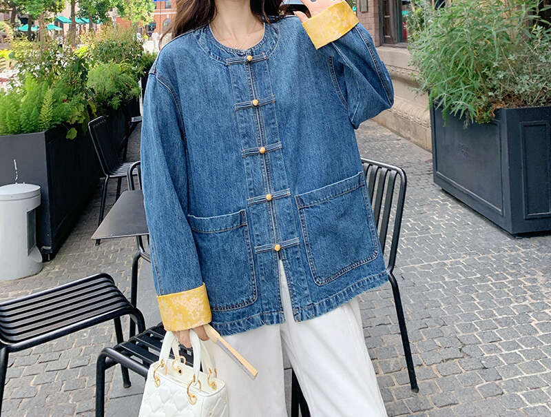 Women's Chinese Style Frog Button Denim Jacket Loose Fit Casual Jean Coat