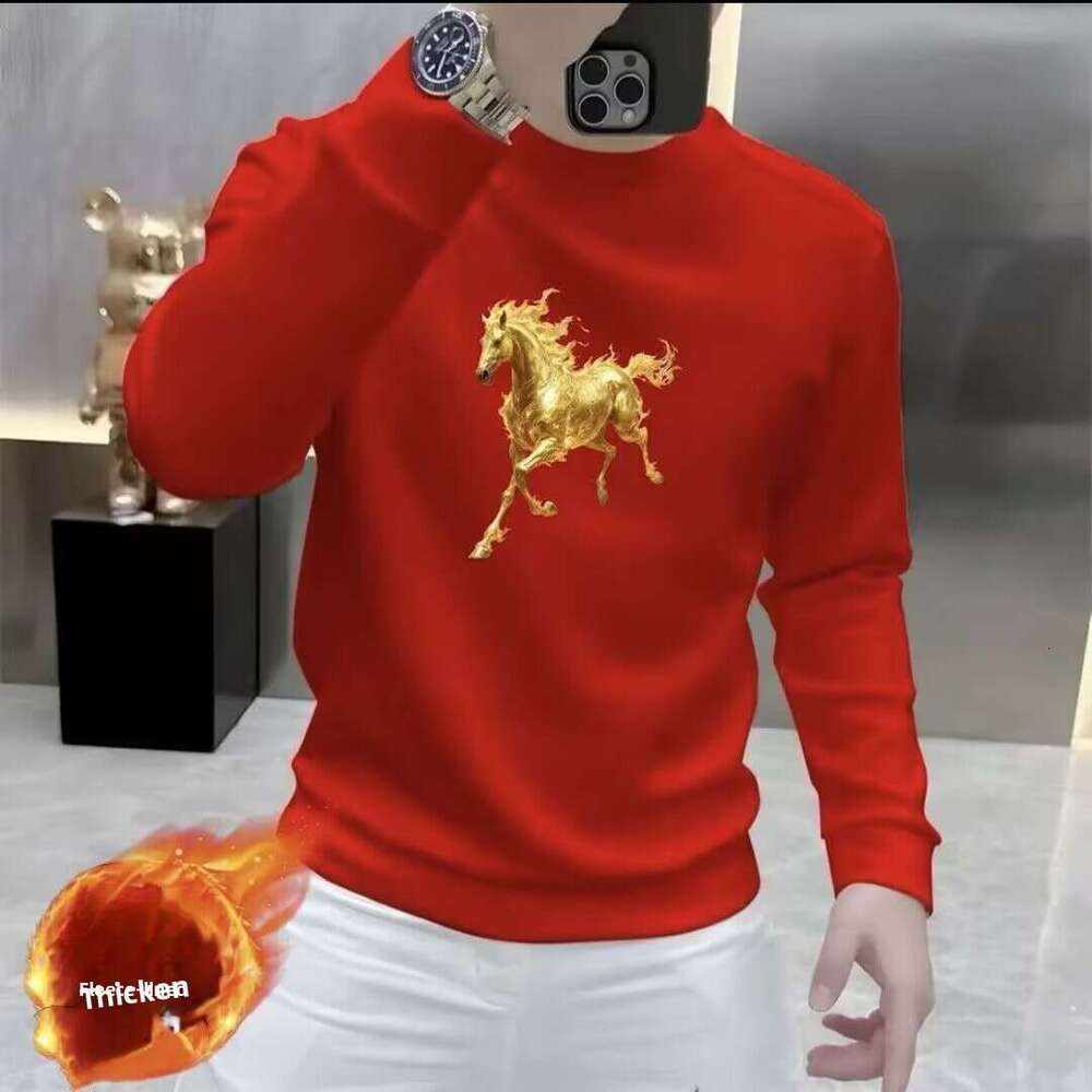 Horse New Printed Sweatshirt For Men Red Round Neck Long Sleeve Fleece Lined Zodiac Year Clothing Warm Top