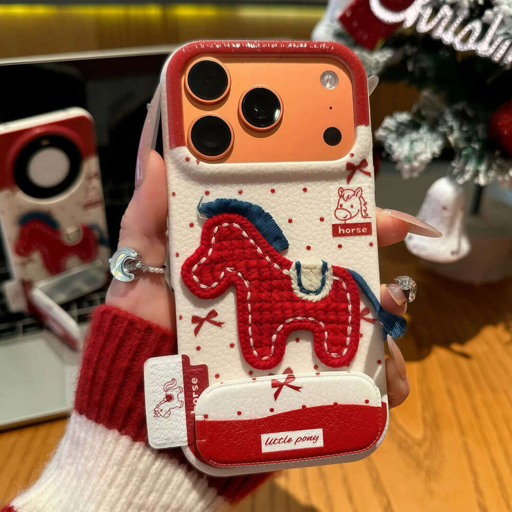 New Year Embroidered Pony Stand Compatible with Apple 17 Pro Max Phone Case IP16 Leather Texture 15 Mirror 14 Personalized 13 S260128