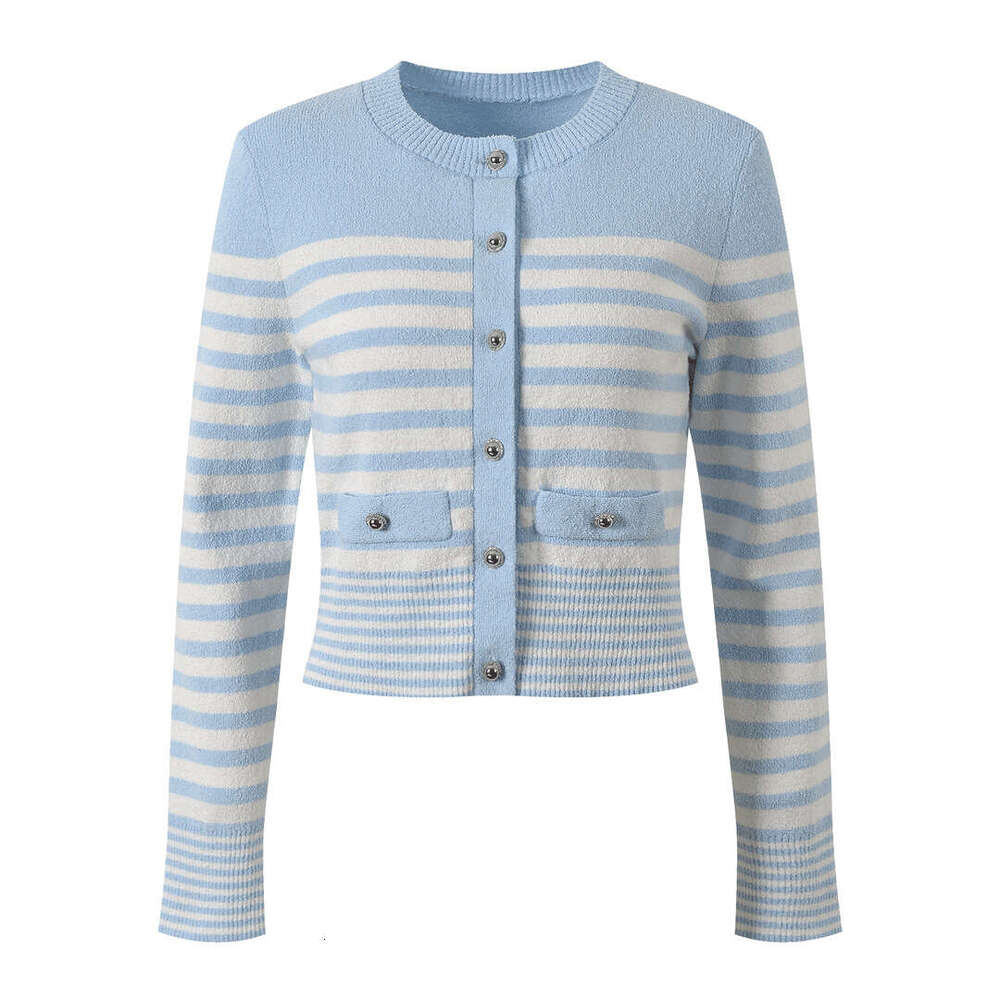 2026 Spring/Summer Blue and White Striped Round Neck Knitted Cardigan Jacket Short Texture Women's Tank Top
