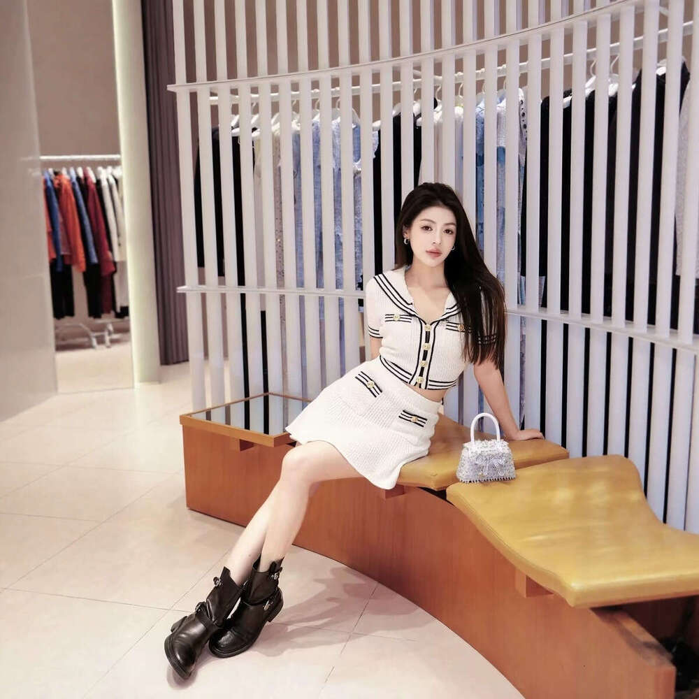 2026 Summer New Designer Retro Navy Collar Hollow Top Ruffle Knitted Women's Two Piece Set