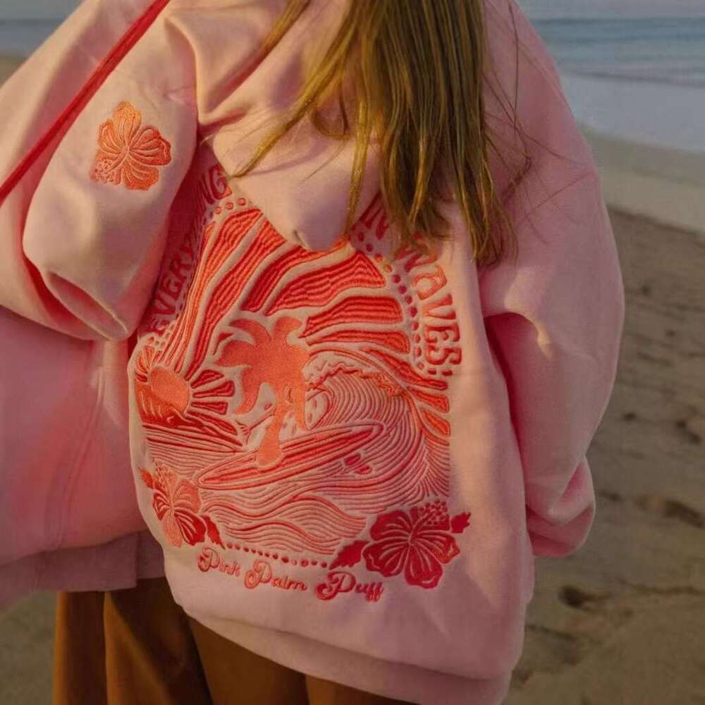 2026 Professional Embroidery DING Z Cross-Border European Size Drop Shoulder Sleeve Ribbed Coconut Wave Pattern Hoodie Sweatshirt Jacket