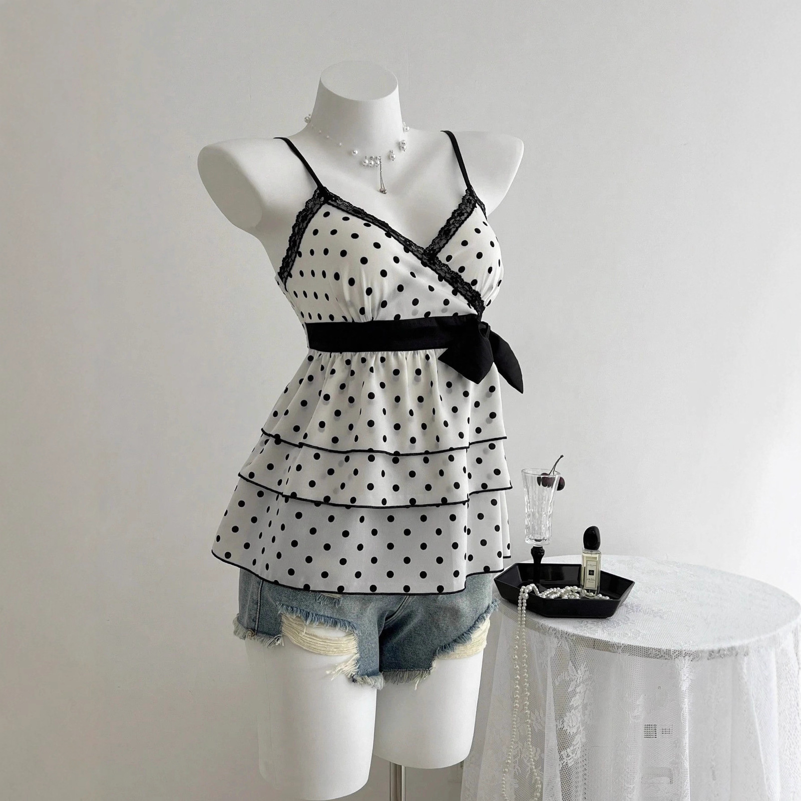 Sweet Girl Camis Lace Korea Kawaii Loose Polka Dot Sexy Bow Harajuku Women Clothing Aesthetic Tank Top Femme Grunge Y2k Crop Top 250411