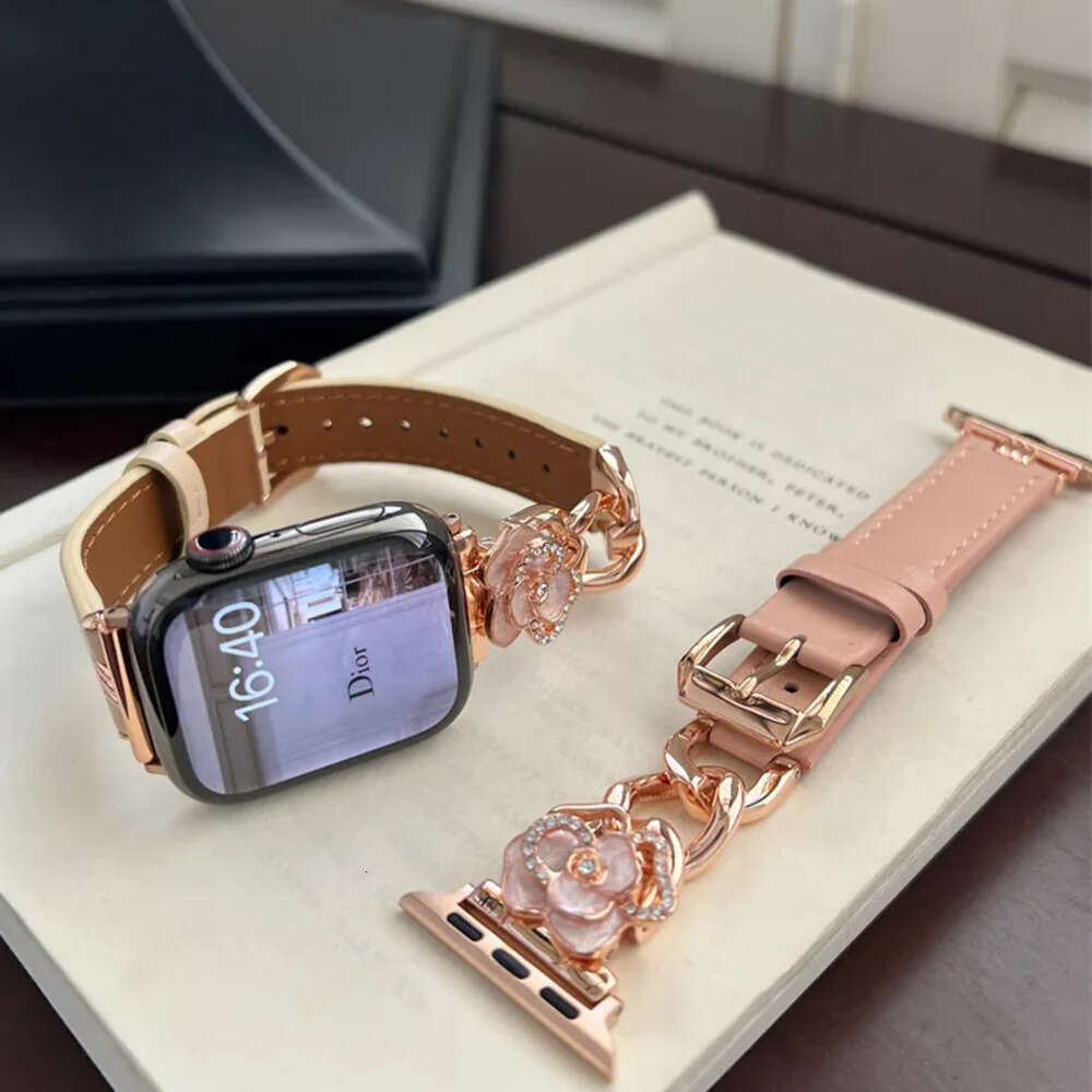 Camellia Leather Metal Apple Watch Strap for iWatch 38mm 40mm 41mm 42mm 44mm 45mm 46mm 49mm Series 3 4 5 6 7 8 9 10 Ultra 2
