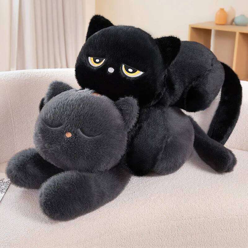 Cute Half Round Eyed Plush Toy Prone Black Cat Pillow Kids Game Fans Halloween Christmas Birthday Gifts Home Decor Y260128