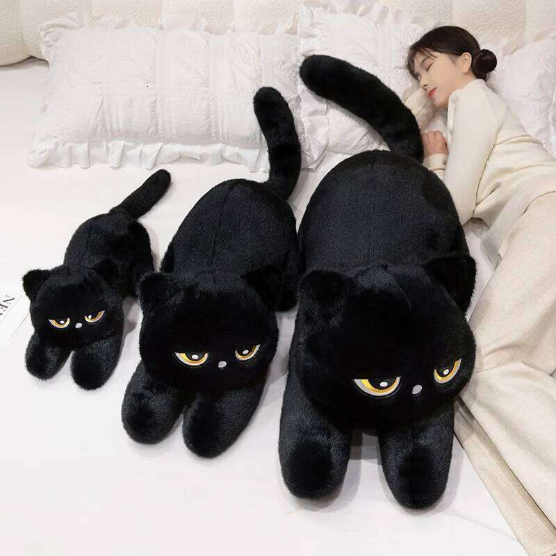 Cute Half Round Eyed Plush Toy Prone Black Cat Pillow Kids Game Fans Halloween Christmas Birthday Gifts Home Decor Y260128